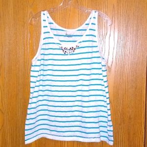 "LANE BRYANT" White laced/ turquoise horizontal stripes & clear gemstones shirt